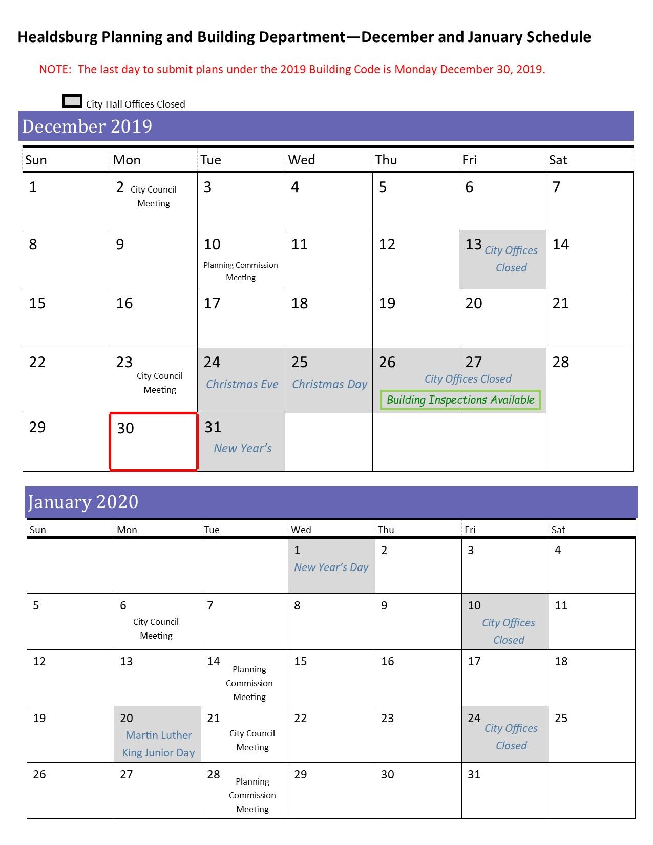 December 2019 and January 2020 Closure Schedule